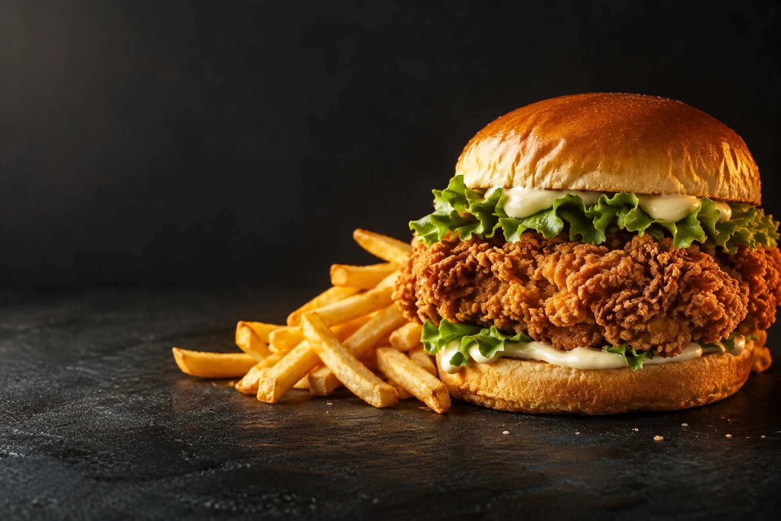 Crispy chicken burger and golden fries — campaign illustration